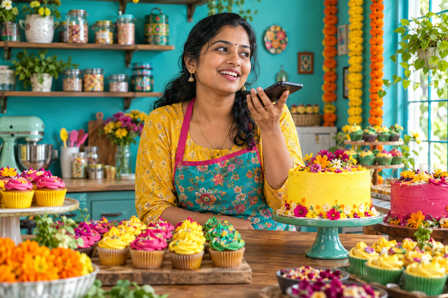 A home baker in a colourful kitchen speaking her goal into her phone